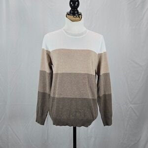 Calvin Klein Women Beige White Colorblock Turtleneck Sweater L Neutral Chic